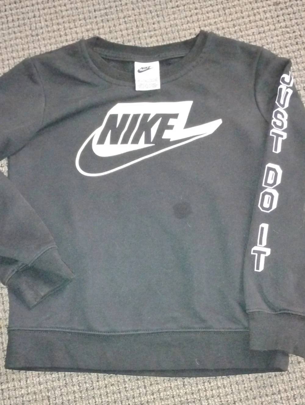 Nike Black Crewneck Sweatshirt with White Logo and 'Just Do It' Sleeve